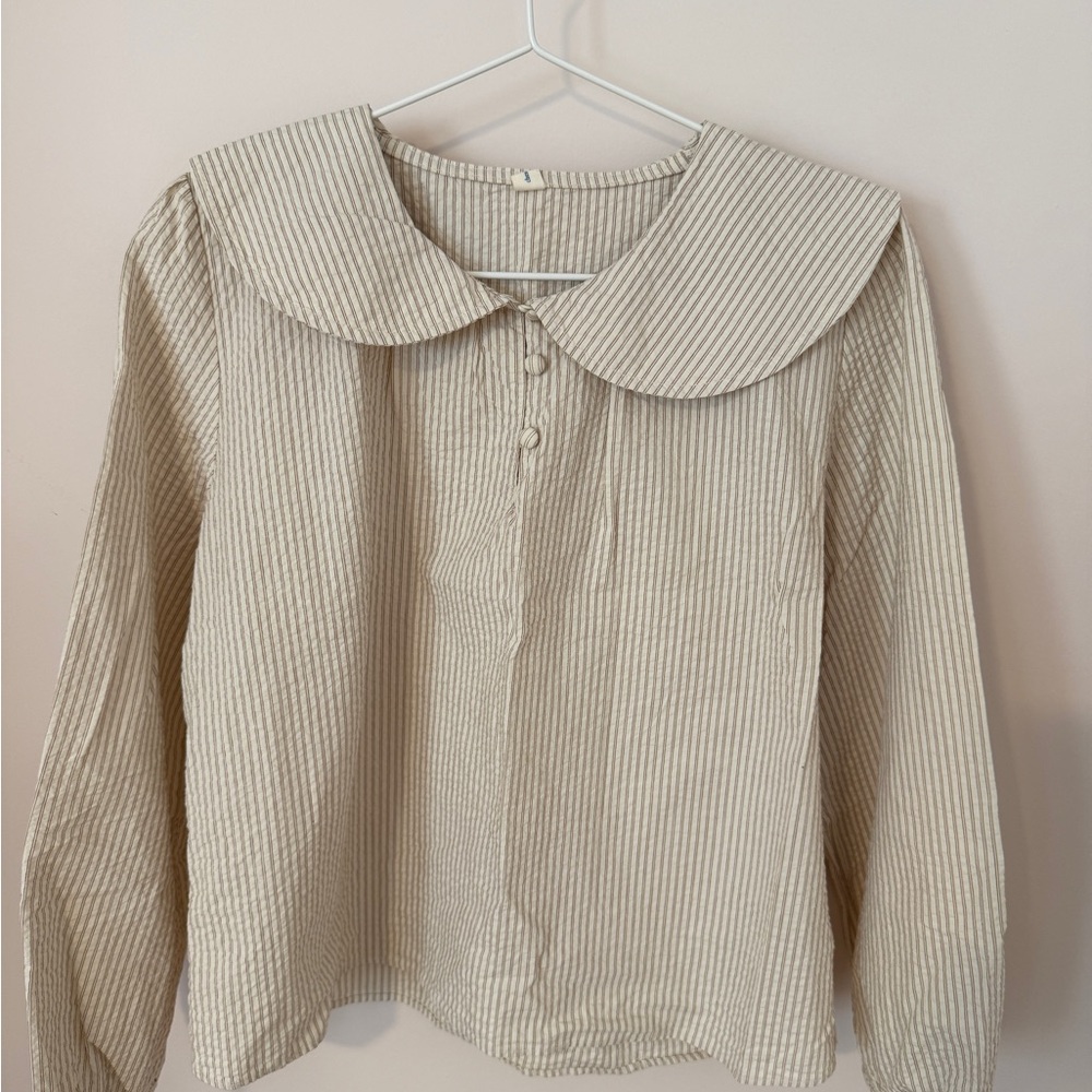 Striped Beige Blouse with Peter Pan Collar
